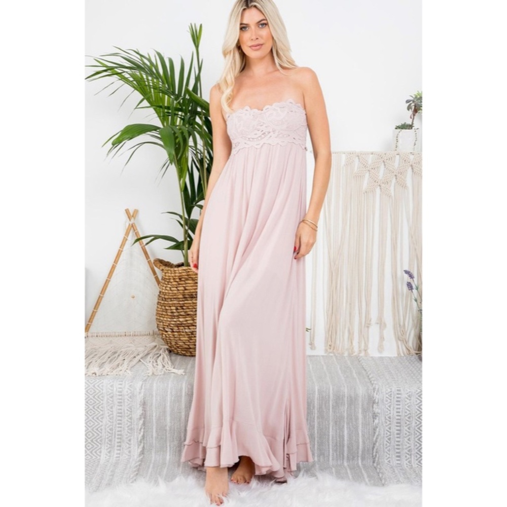 Nude Pink Scallop Crochet Lace Bust Strapless Tube Tiered Skirt Maxi Long Dress - Picture 2 of 6